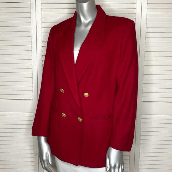 Vintage 90s CASABLANCA Petites Red Wool Blazer Double-Breasted Jacket Gold 4 - Picture 3 of 7